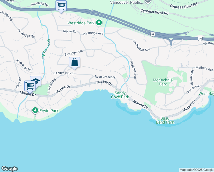 map of restaurants, bars, coffee shops, grocery stores, and more near 4036 Marine Drive in West Vancouver