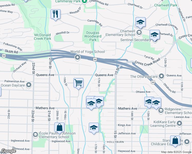 map of restaurants, bars, coffee shops, grocery stores, and more near 1720 Queens Avenue in West Vancouver