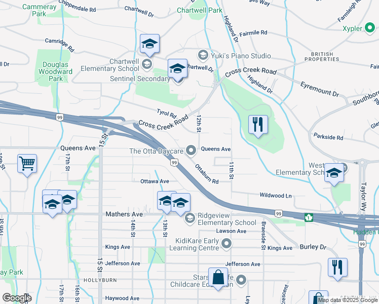 map of restaurants, bars, coffee shops, grocery stores, and more near 1230 Queens Avenue in West Vancouver