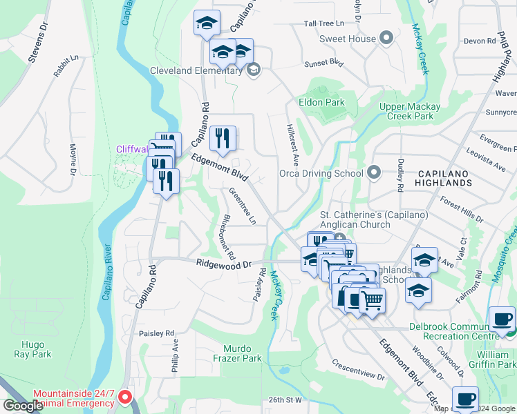 map of restaurants, bars, coffee shops, grocery stores, and more near 3579 Edgemont Boulevard in North Vancouver