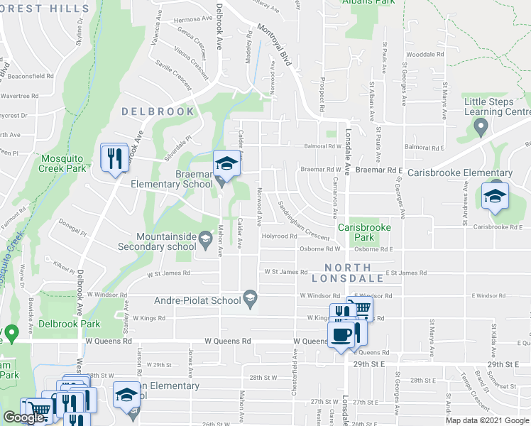 map of restaurants, bars, coffee shops, grocery stores, and more near 3520 Norwood Avenue in North Vancouver