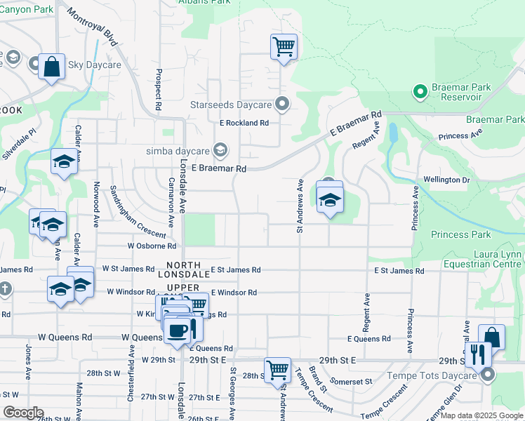 map of restaurants, bars, coffee shops, grocery stores, and more near in North Vancouver