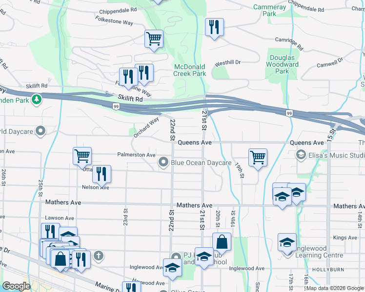 map of restaurants, bars, coffee shops, grocery stores, and more near 2170 Queens Avenue in West Vancouver