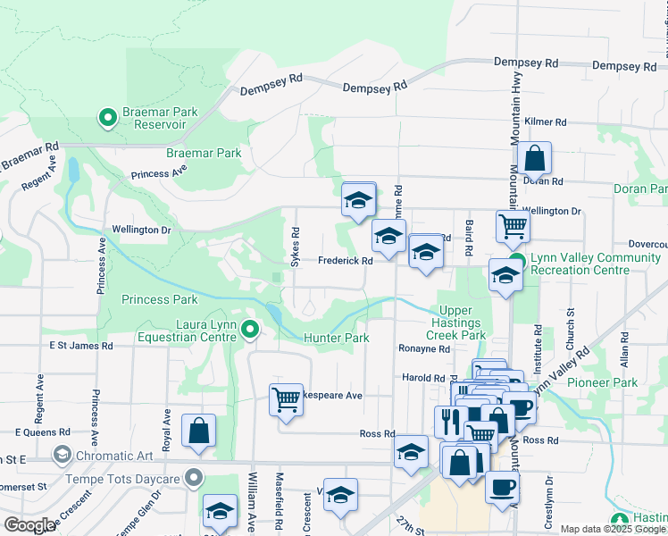 map of restaurants, bars, coffee shops, grocery stores, and more near 999 Frederick Road in North Vancouver