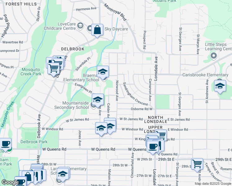 map of restaurants, bars, coffee shops, grocery stores, and more near 3519 Norwood Avenue in North Vancouver