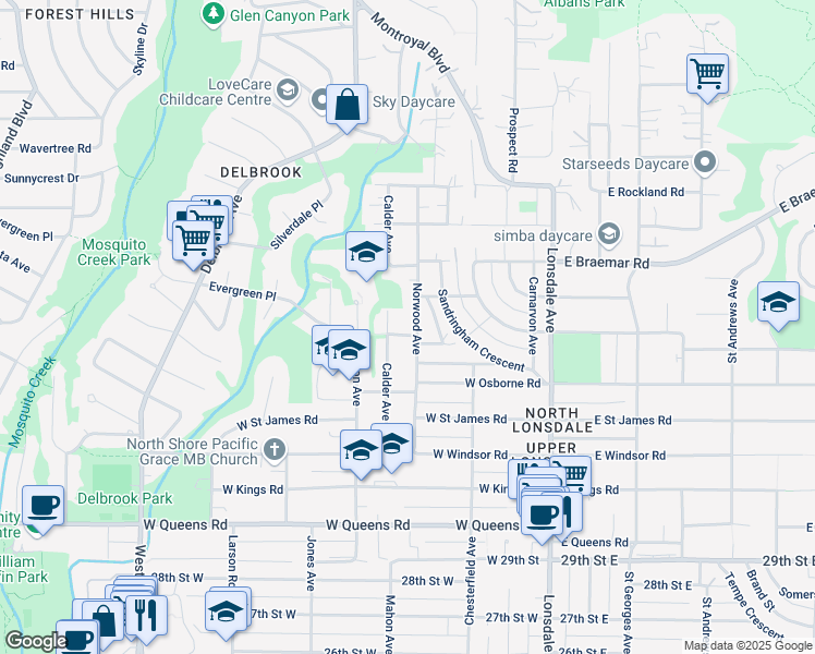 map of restaurants, bars, coffee shops, grocery stores, and more near 3519 Norwood Avenue in North Vancouver