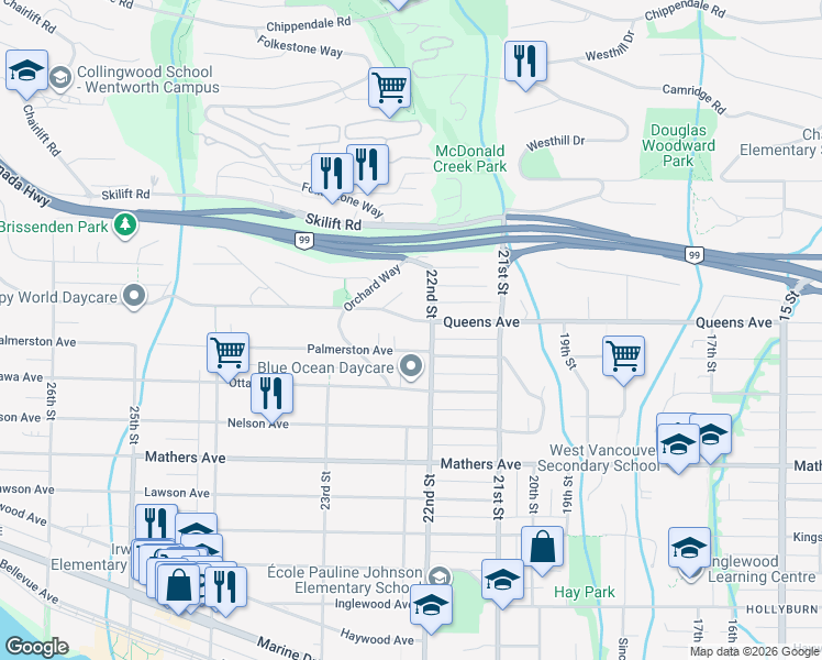 map of restaurants, bars, coffee shops, grocery stores, and more near 2220 Queens Avenue in West Vancouver