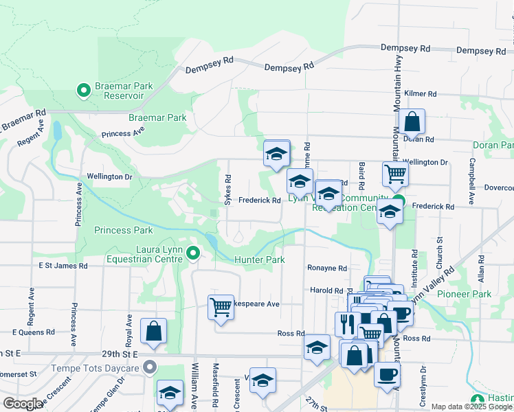 map of restaurants, bars, coffee shops, grocery stores, and more near 999 Frederick Road in North Vancouver