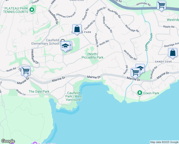 map of restaurants, bars, coffee shops, grocery stores, and more near 4437 Piccadilly North in West Vancouver