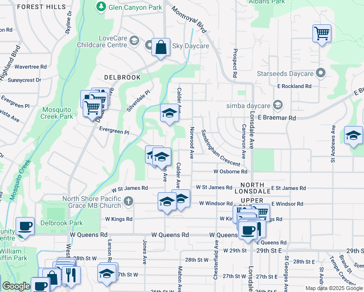 map of restaurants, bars, coffee shops, grocery stores, and more near 3512 Calder Avenue in North Vancouver