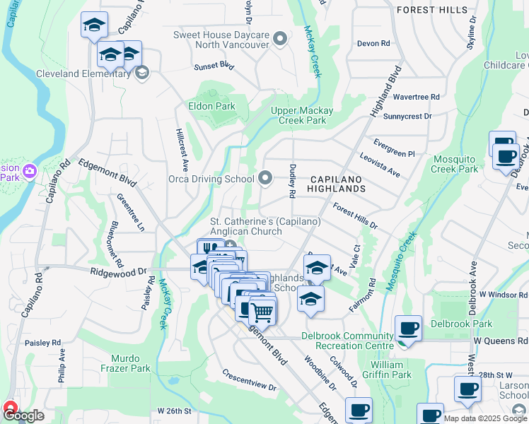 map of restaurants, bars, coffee shops, grocery stores, and more near 1042 Kennedy Avenue in North Vancouver