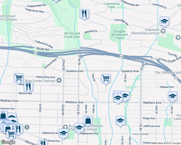 map of restaurants, bars, coffee shops, grocery stores, and more near 2010 Queens Avenue in Vancouver