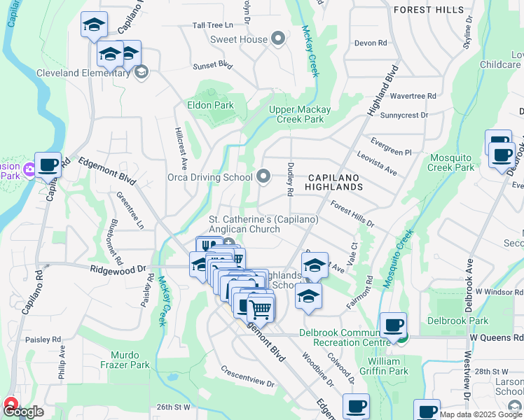 map of restaurants, bars, coffee shops, grocery stores, and more near 1042 Kennedy Avenue in North Vancouver