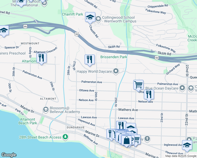 map of restaurants, bars, coffee shops, grocery stores, and more near 2595 Palmerston Avenue in West Vancouver