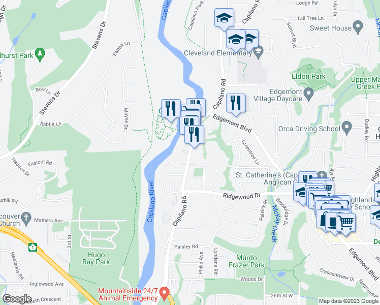 map of restaurants, bars, coffee shops, grocery stores, and more near Capilano Road in Metro Vancouver