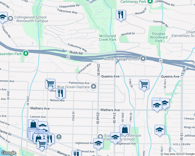 map of restaurants, bars, coffee shops, grocery stores, and more near 1865 22nd Street in West Vancouver