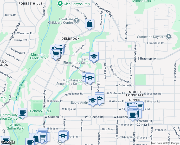 map of restaurants, bars, coffee shops, grocery stores, and more near 3511 Mahon Avenue in North Vancouver