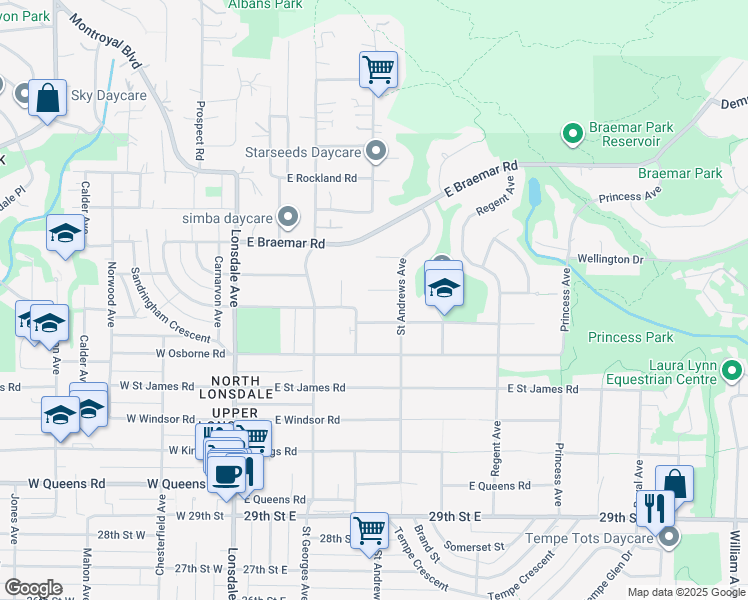 map of restaurants, bars, coffee shops, grocery stores, and more near 325 East Kensington Road in North Vancouver