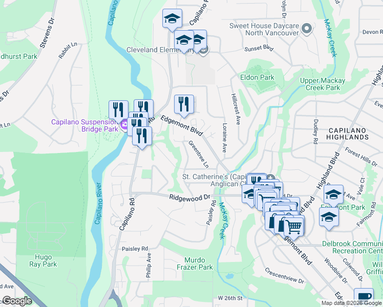 map of restaurants, bars, coffee shops, grocery stores, and more near 3538 Bluebonnet Road in North Vancouver