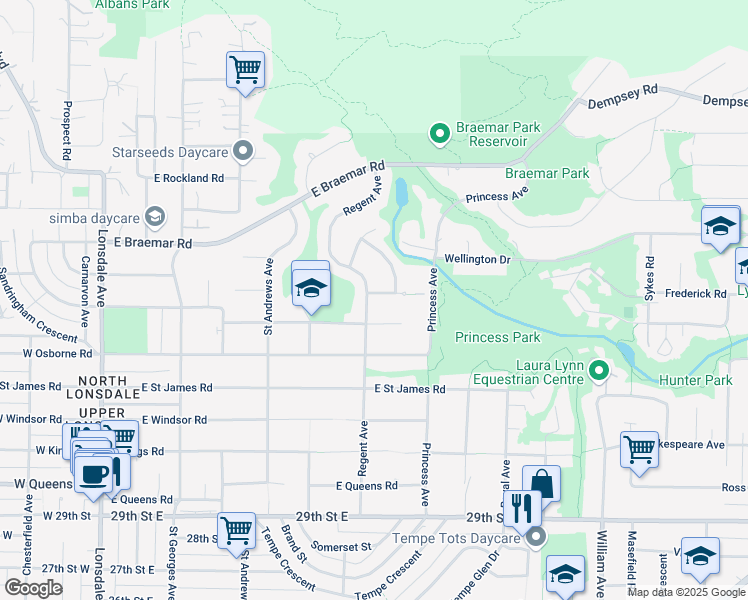 map of restaurants, bars, coffee shops, grocery stores, and more near 3566 Regent Avenue in North Vancouver