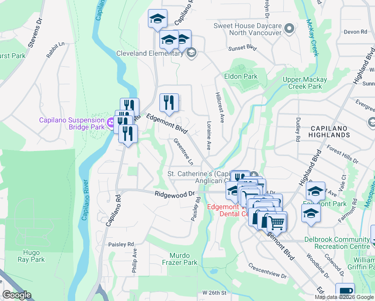 map of restaurants, bars, coffee shops, grocery stores, and more near 3566 Greentree Lane in North Vancouver