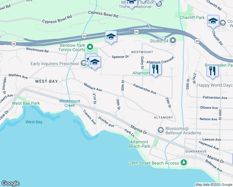 map of restaurants, bars, coffee shops, grocery stores, and more near 3023 Mathers Avenue in West Vancouver