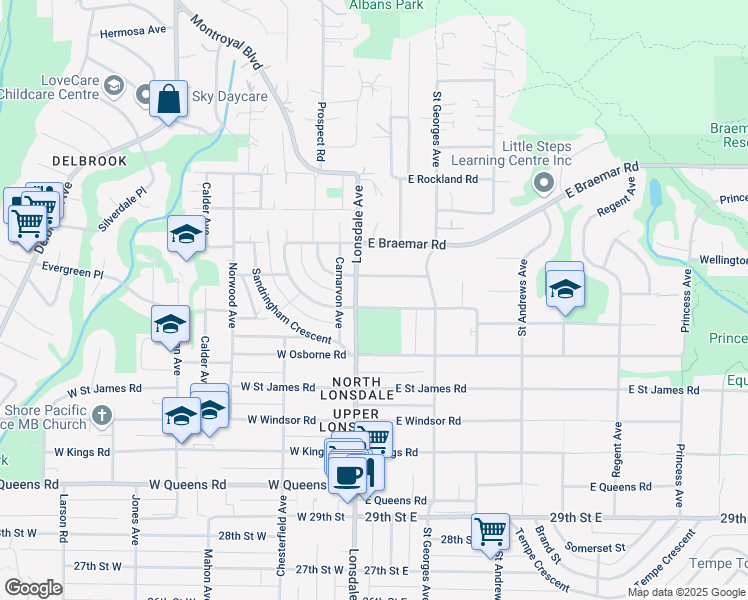 map of restaurants, bars, coffee shops, grocery stores, and more near 116 Carisbrooke Road East in North Vancouver