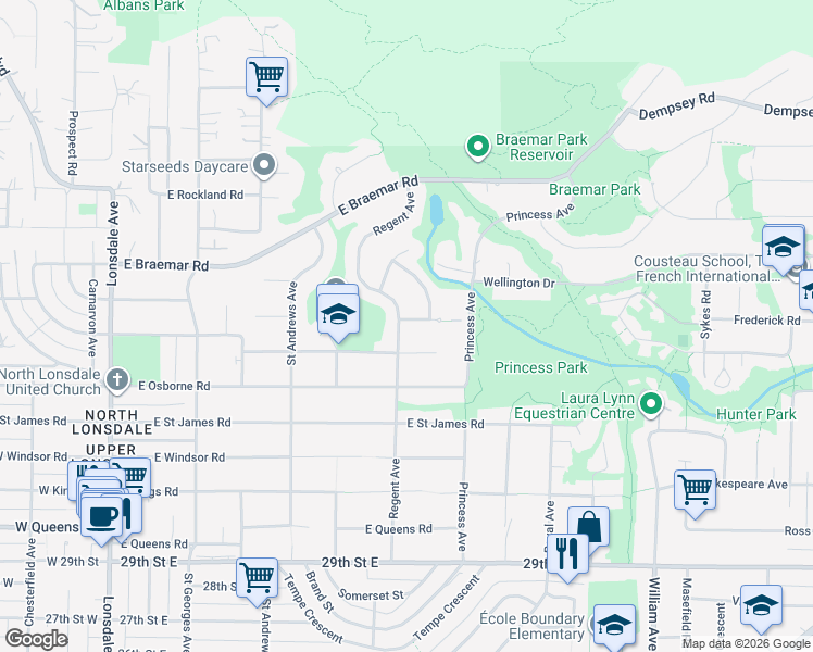 map of restaurants, bars, coffee shops, grocery stores, and more near 3566 Regent Avenue in North Vancouver
