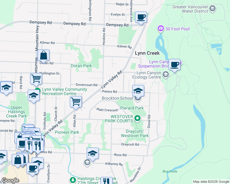 map of restaurants, bars, coffee shops, grocery stores, and more near 1725 Peters Road in North Vancouver