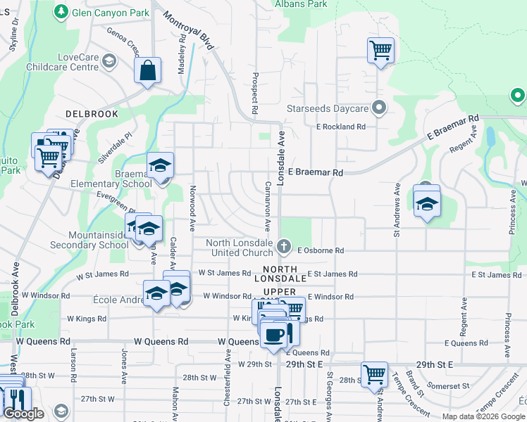 map of restaurants, bars, coffee shops, grocery stores, and more near 124 Carisbrooke Crescent in North Vancouver