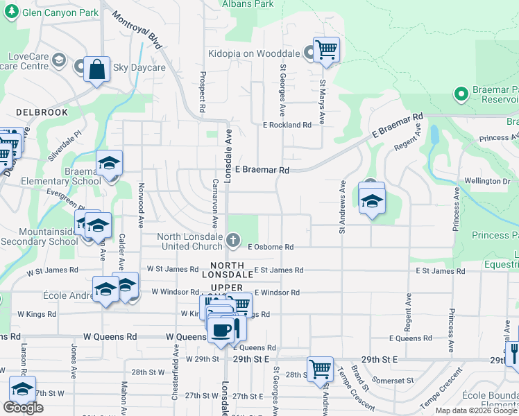 map of restaurants, bars, coffee shops, grocery stores, and more near 164 Carisbrooke Road East in North Vancouver