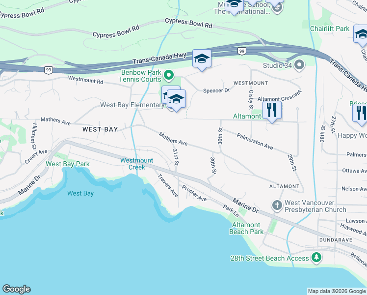 map of restaurants, bars, coffee shops, grocery stores, and more near 3090 Mathers Avenue in West Vancouver