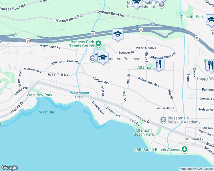 map of restaurants, bars, coffee shops, grocery stores, and more near 3090 Mathers Avenue in West Vancouver