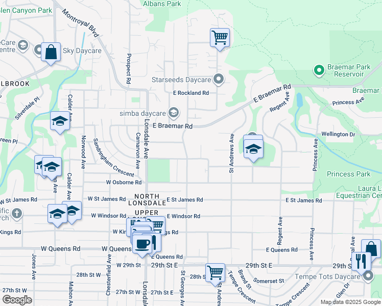 map of restaurants, bars, coffee shops, grocery stores, and more near in North Vancouver
