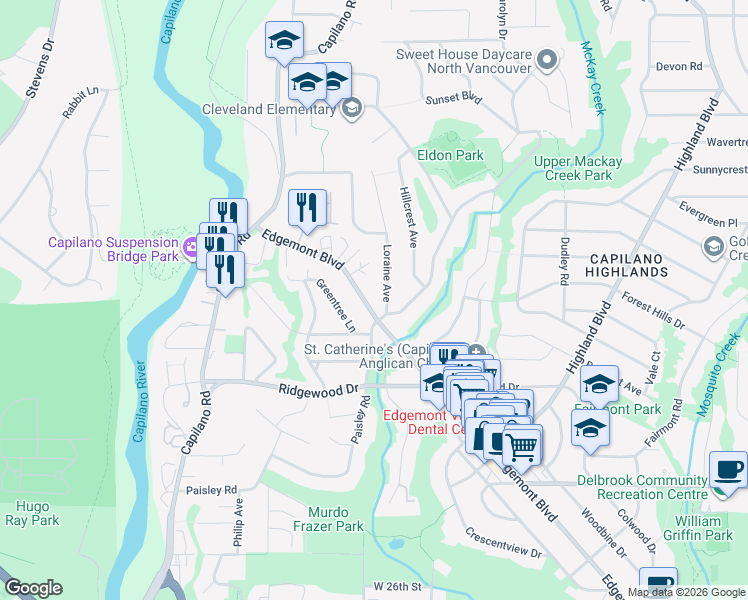 map of restaurants, bars, coffee shops, grocery stores, and more near 3582 Edgemont Boulevard in North Vancouver