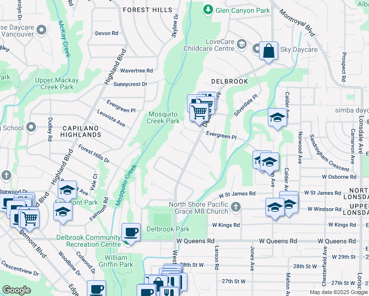 map of restaurants, bars, coffee shops, grocery stores, and more near 668 Westhyde Place in North Vancouver
