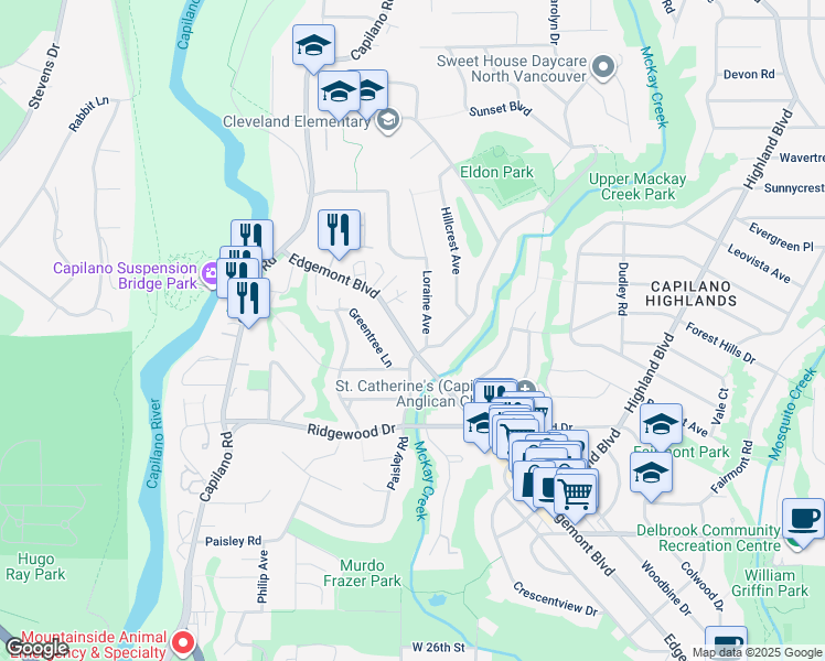 map of restaurants, bars, coffee shops, grocery stores, and more near 3582 Edgemont Boulevard in North Vancouver