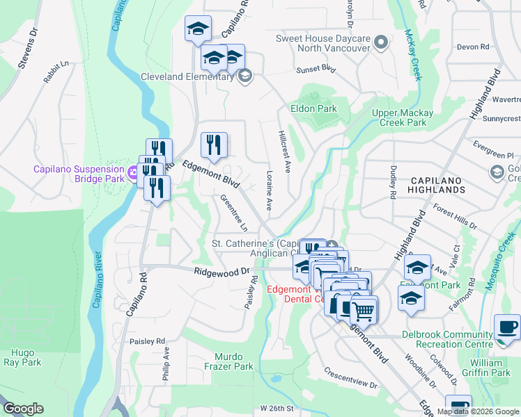 map of restaurants, bars, coffee shops, grocery stores, and more near 3582 Edgemont Boulevard in North Vancouver