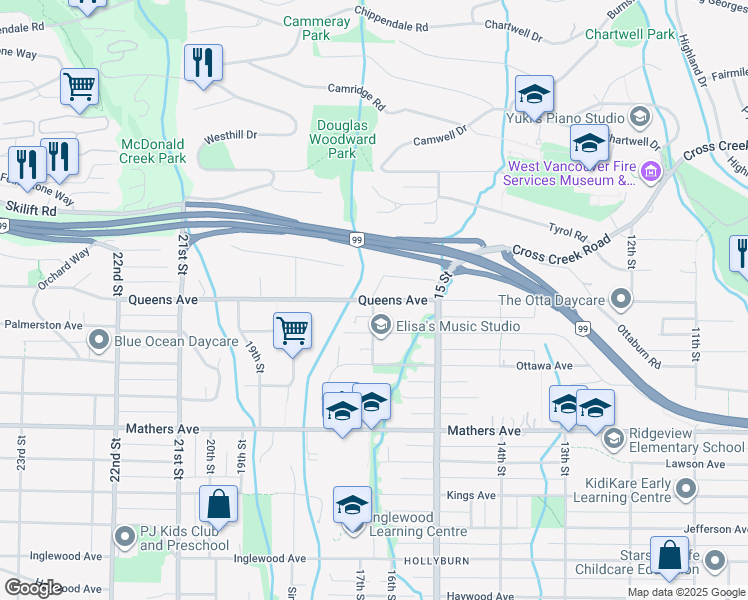map of restaurants, bars, coffee shops, grocery stores, and more near Queens Ave & Rena Crescent in West Vancouver