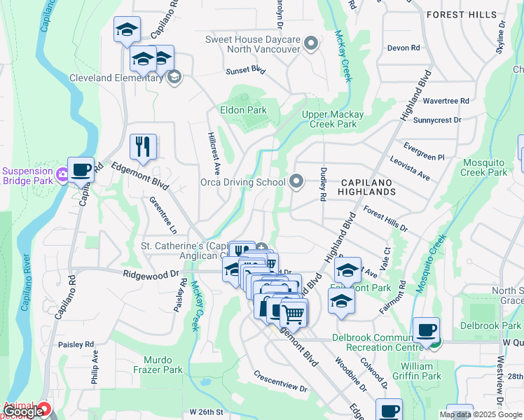 map of restaurants, bars, coffee shops, grocery stores, and more near 3595 Wellington Crescent in North Vancouver