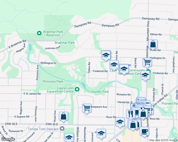 map of restaurants, bars, coffee shops, grocery stores, and more near 856 Frederick Road in North Vancouver