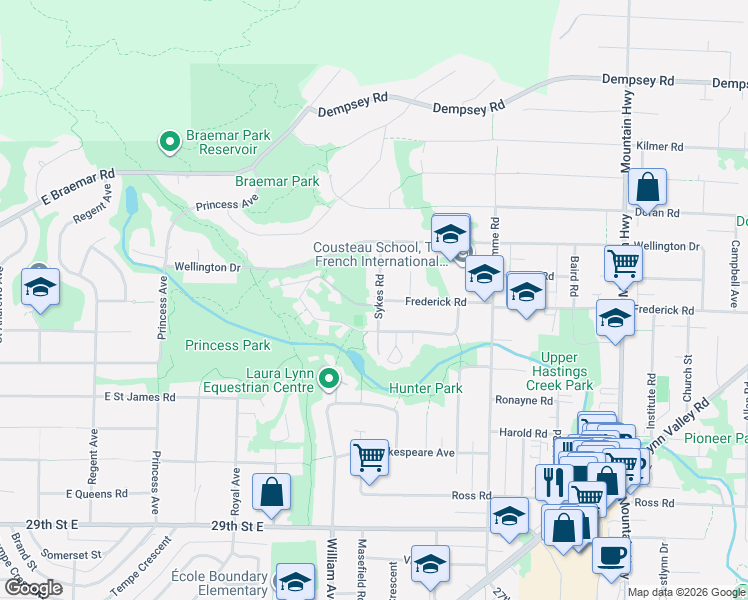 map of restaurants, bars, coffee shops, grocery stores, and more near 867 Frederick Road in North Vancouver