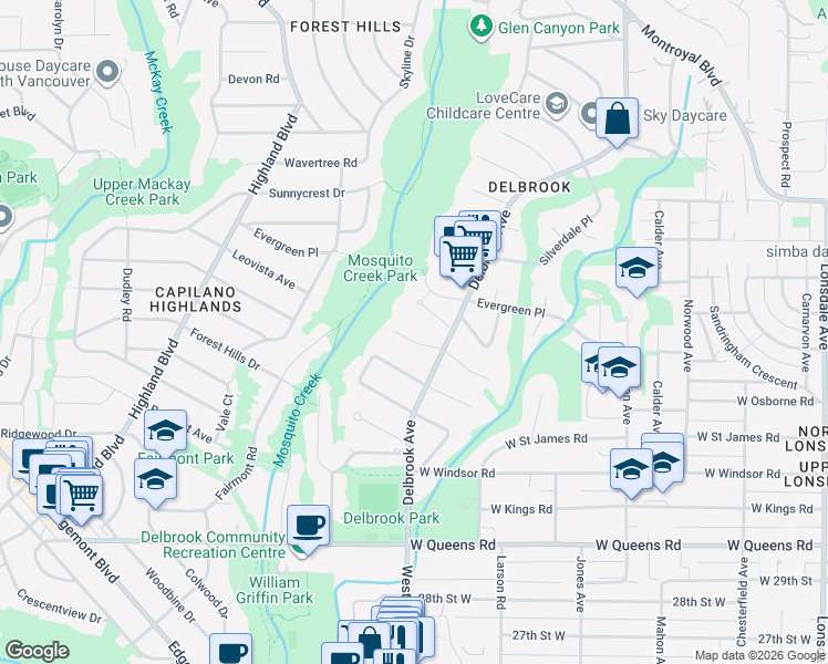map of restaurants, bars, coffee shops, grocery stores, and more near 680 Westhyde Place in North Vancouver