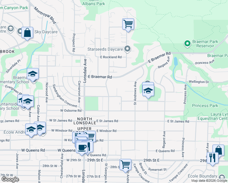 map of restaurants, bars, coffee shops, grocery stores, and more near 3545 Dowsley Court in North Vancouver