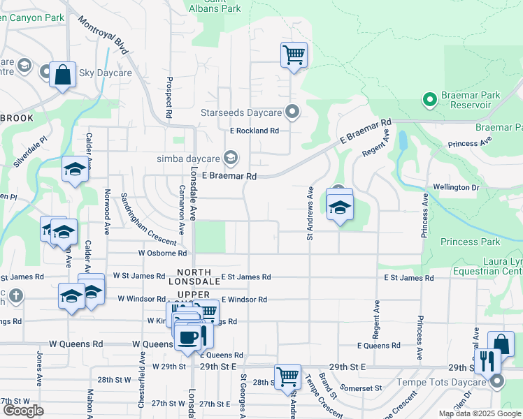 map of restaurants, bars, coffee shops, grocery stores, and more near 3545 Dowsley Court in North Vancouver