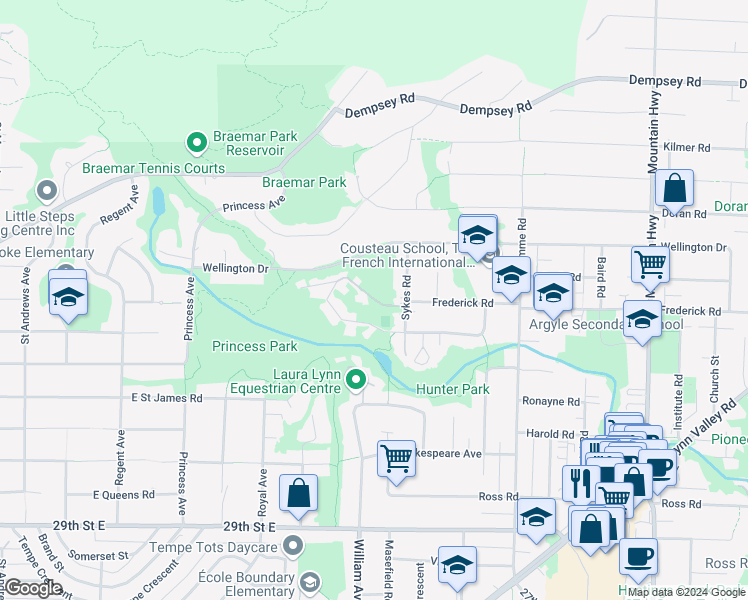map of restaurants, bars, coffee shops, grocery stores, and more near 874 Frederick Road in North Vancouver