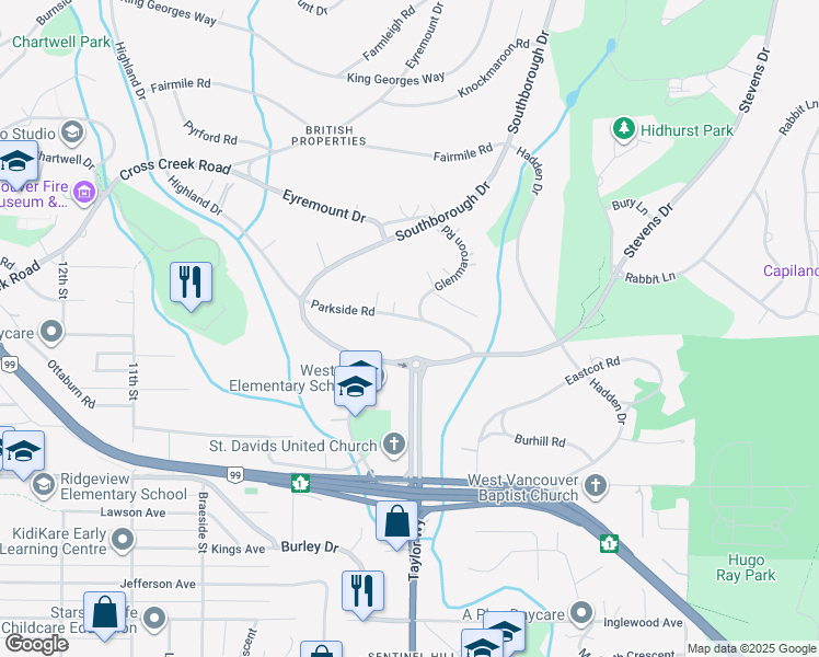 map of restaurants, bars, coffee shops, grocery stores, and more near 680 Parkside Road in West Vancouver