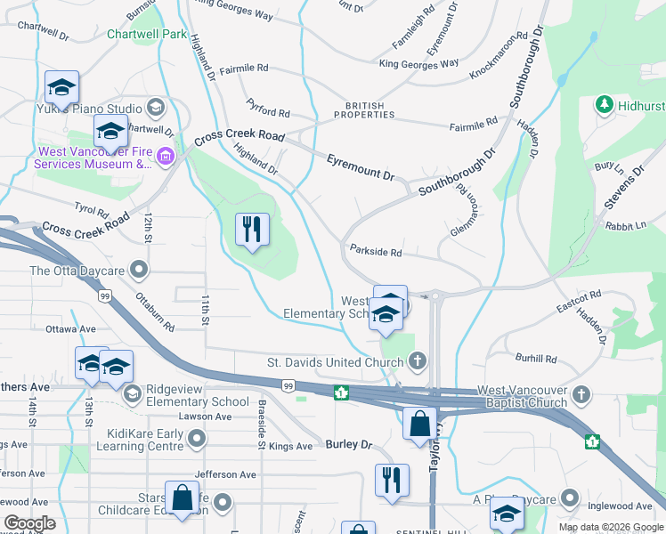 map of restaurants, bars, coffee shops, grocery stores, and more near 735 Southborough Drive in West Vancouver