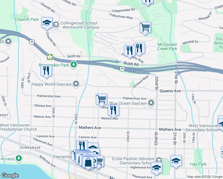 map of restaurants, bars, coffee shops, grocery stores, and more near 2350 Queens Avenue in West Vancouver