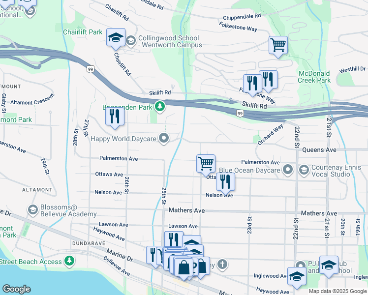 map of restaurants, bars, coffee shops, grocery stores, and more near 2440 Queens Avenue in Vancouver